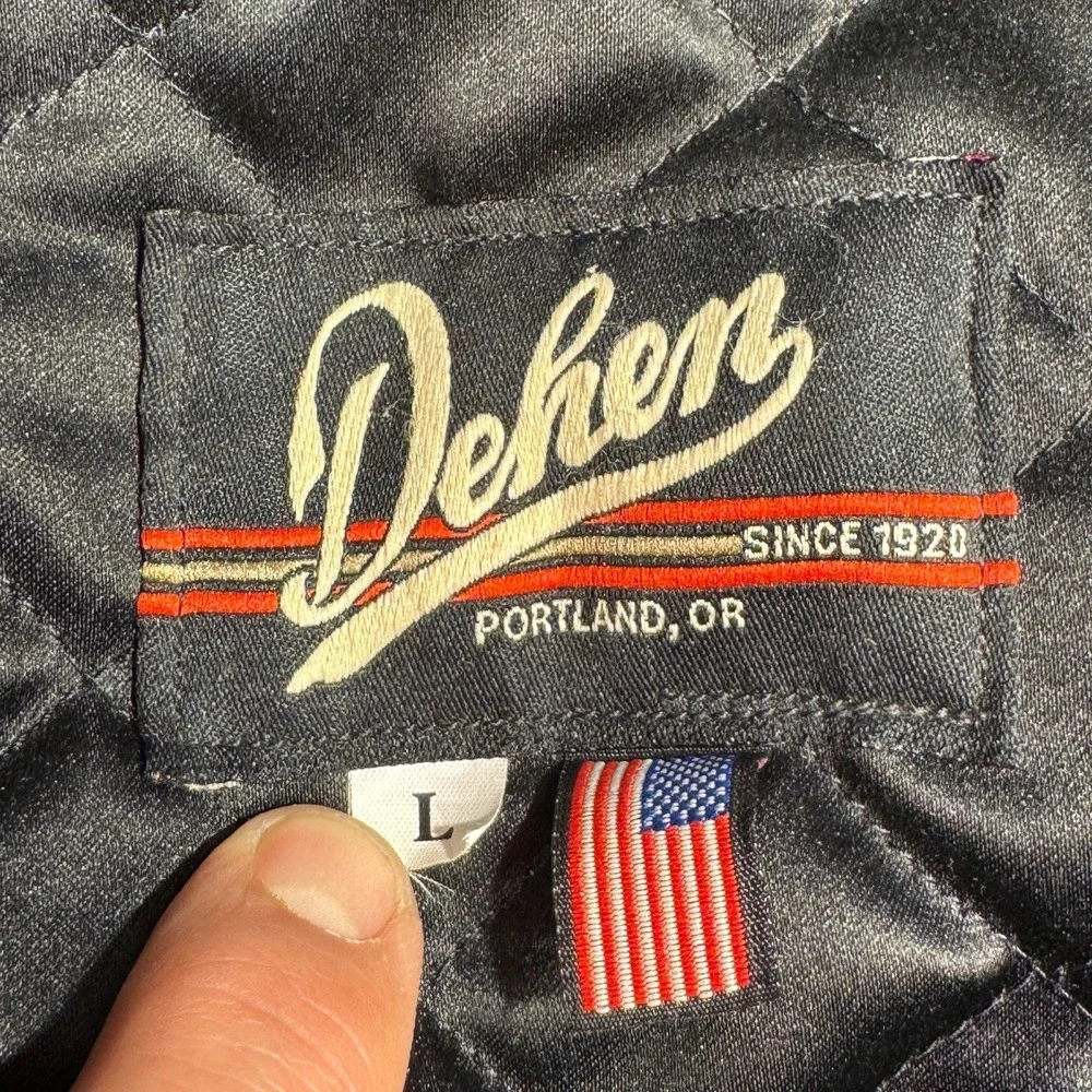 Dehen 1920 Varsity Jacket Black Red Pony Size Large Leather Sleeves Wool - Picture 8 of 9